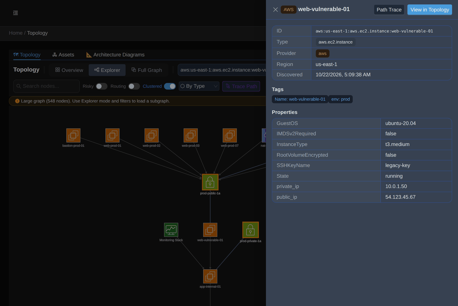 Infracast topology explorer with the internet-facing instance web-vulnerable-01 selected and its details panel open